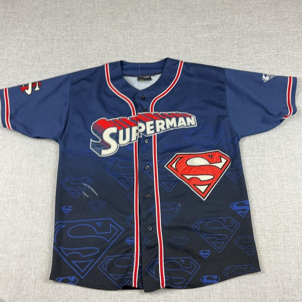 Vintage Warner Bros Superman Shirt Mens Medium‎ Blue Baseball Jersey 2002